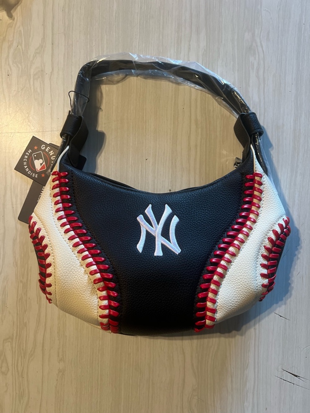 Black & White NY Logo Shoulder Bag with Red Stitching
